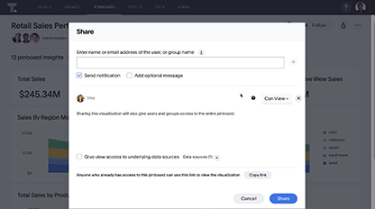 The share feature in ThoughtSpot that allows users to share their liveboard. This can be done by name, email address, or group name.