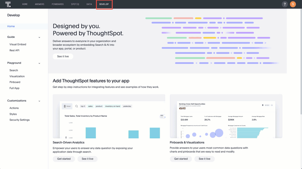 The home screen for the developer portal in ThoughtSpot.