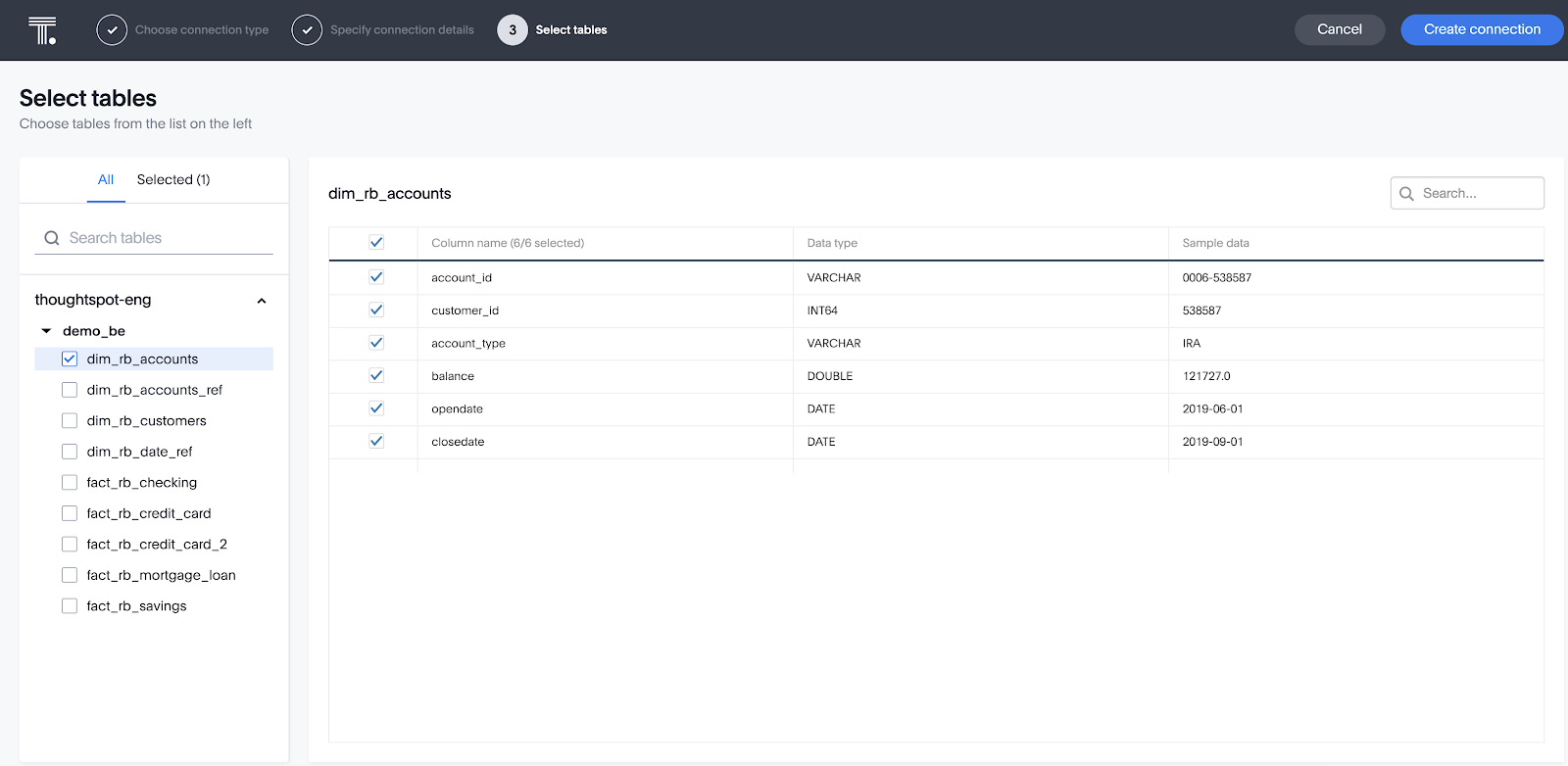 Selecting tables in ThoughtSpot.