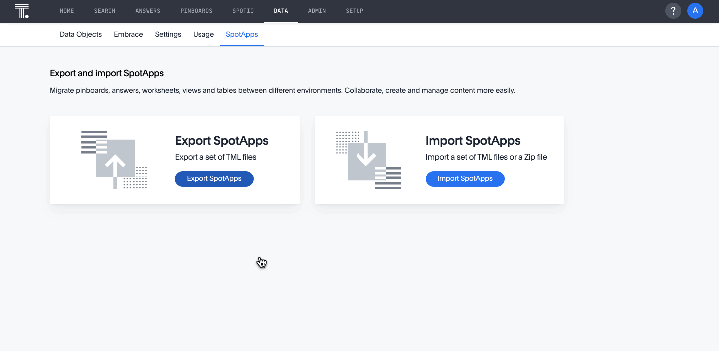 The export and import SpotApps area in ThoughtSpot.