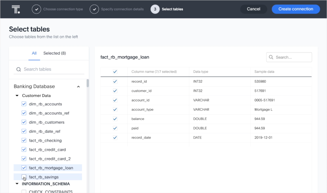 A table of mortgage loan data being connected to thoughtspot.