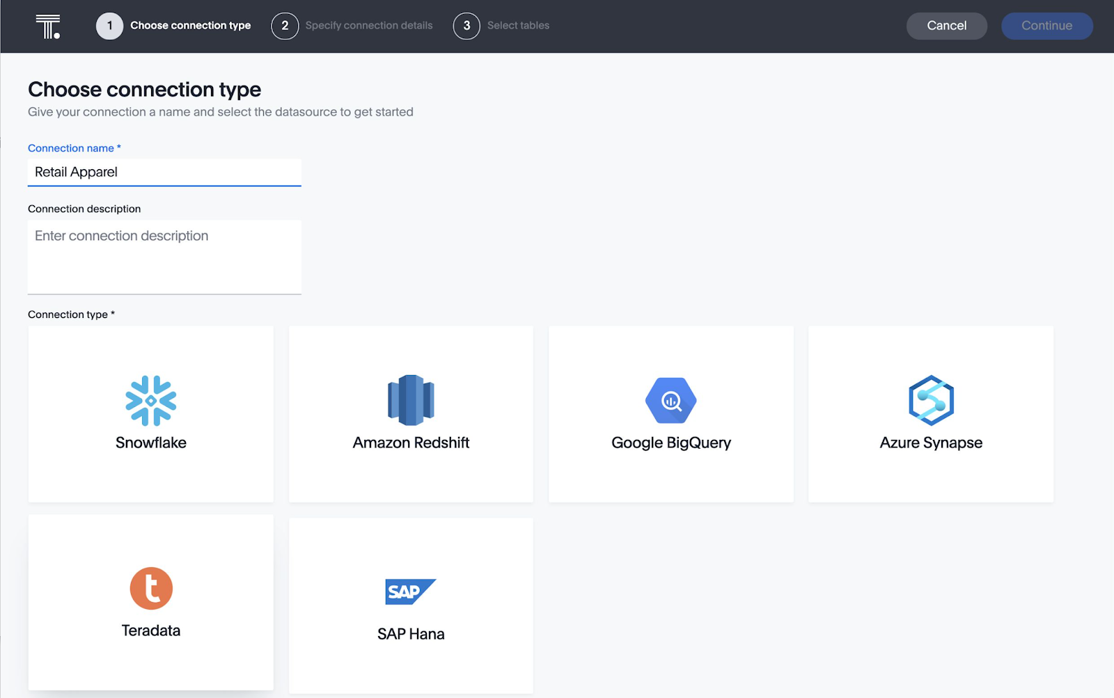 Choosing connection type in ThoughtSpot.