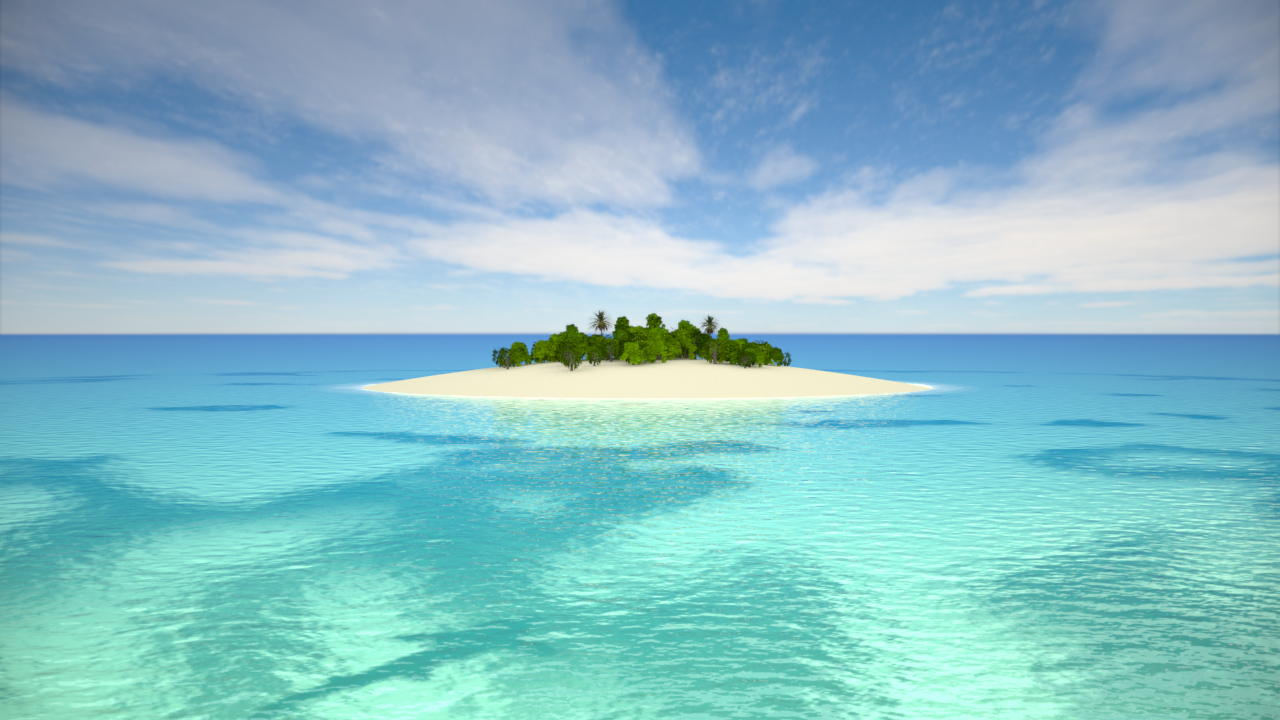 An island surrounded by water.