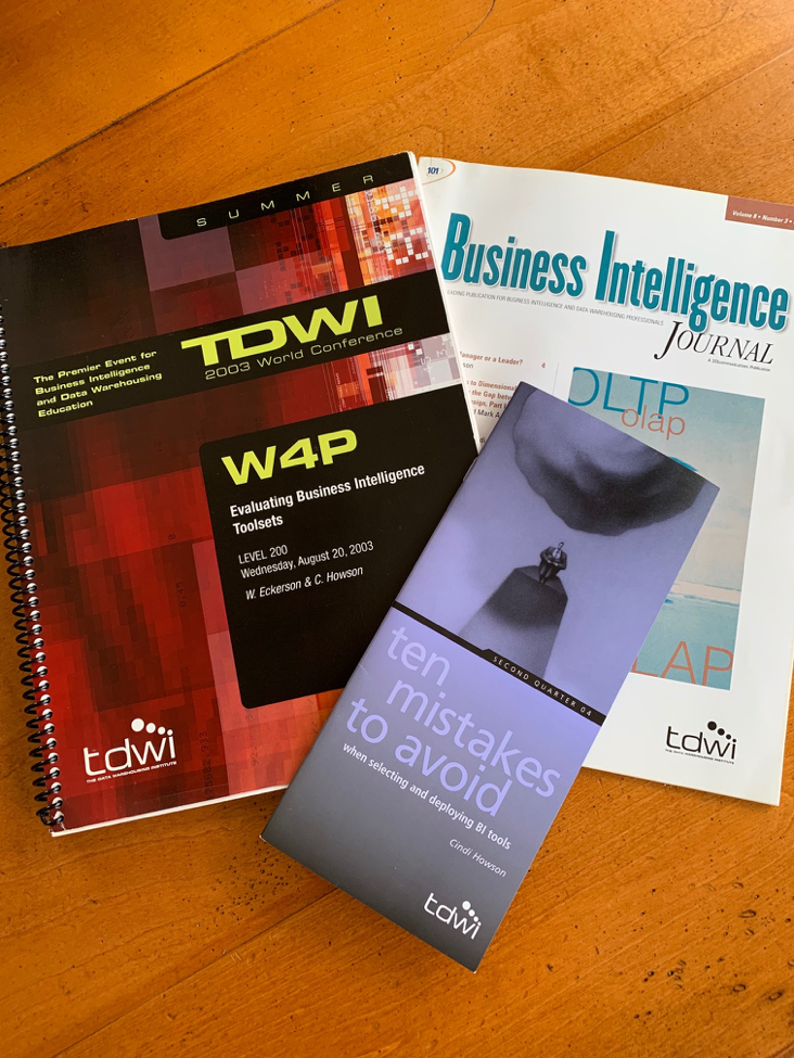 TDWI's book on ten mistakes to avoid when selecting and deploying BI tools. This is on top of a TWDI book on evaluating business intelligence toolsets. At the very bottom of these is a volume 8 copy of  business intelligence journal.