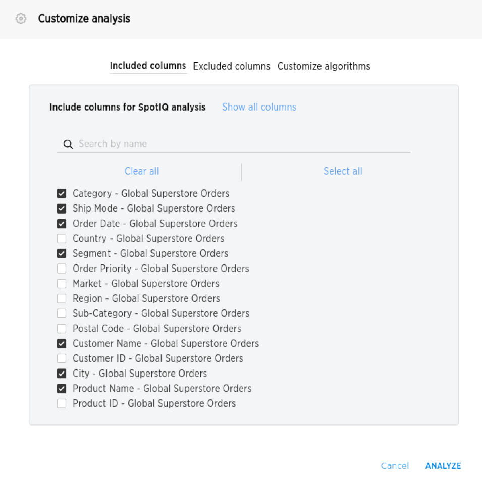 Included and excluded columns.