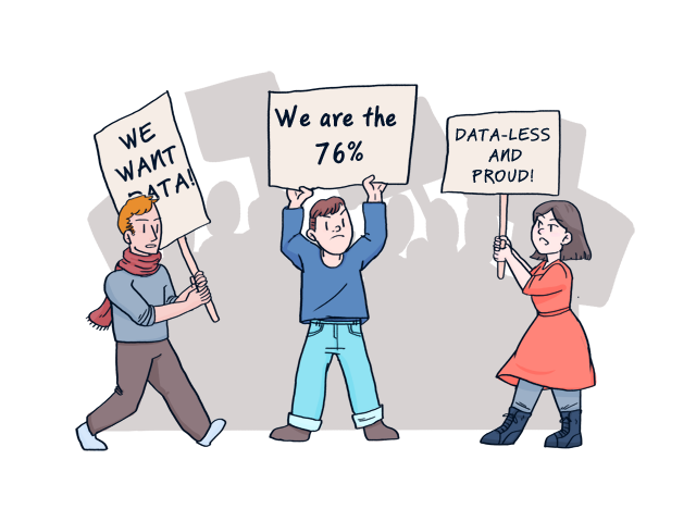 People holding signs that say "we want data", "we are the 76%", and "data-less and proud".