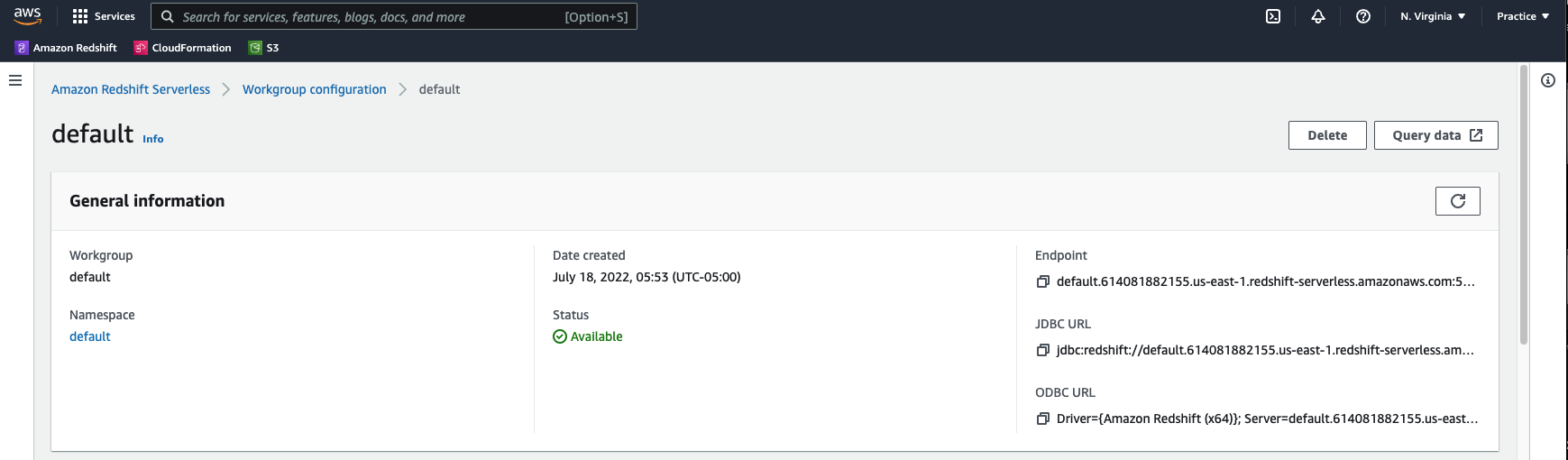 Amazon Redshift default screen.