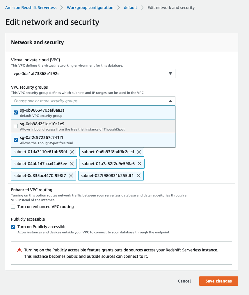 Editing network security in AWS Redshift Serverless.