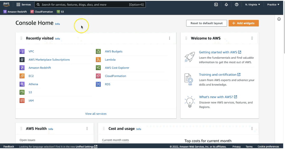 Console home in AWS.