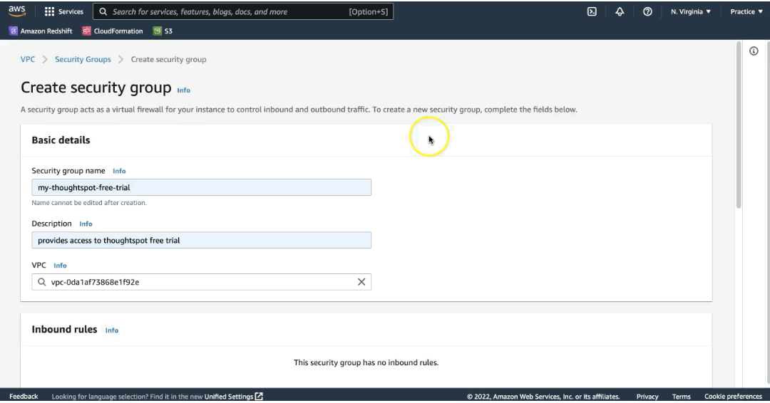 Creating a security group in AWS.