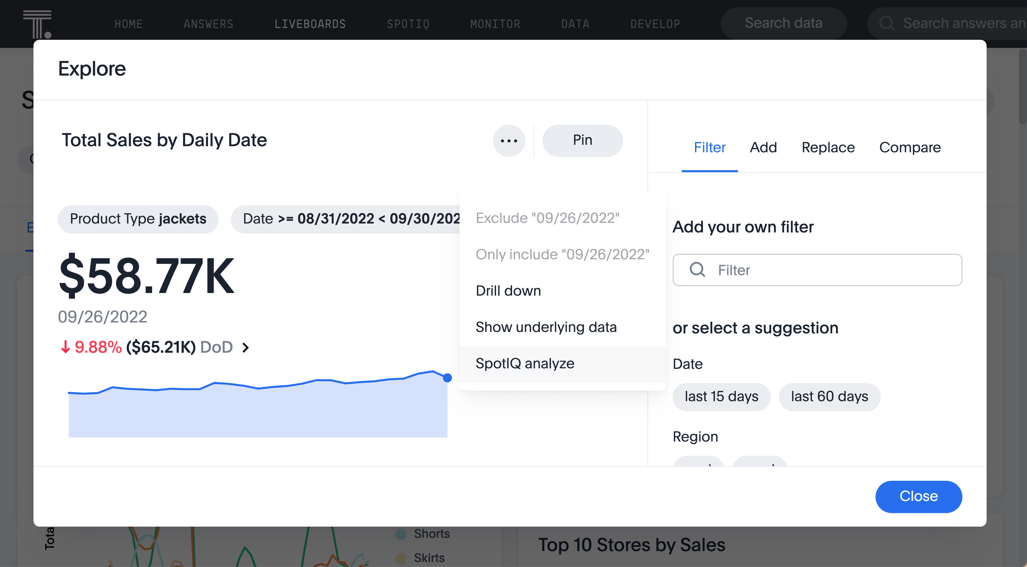 Someone using augmented analytices to analyze their total sales by daily date with spotiq.