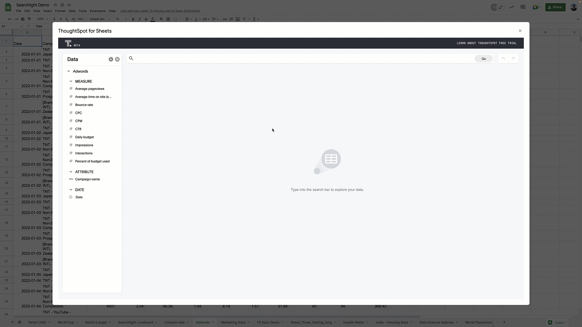 How the query navigation in ThoughtSpot for Sheets works.