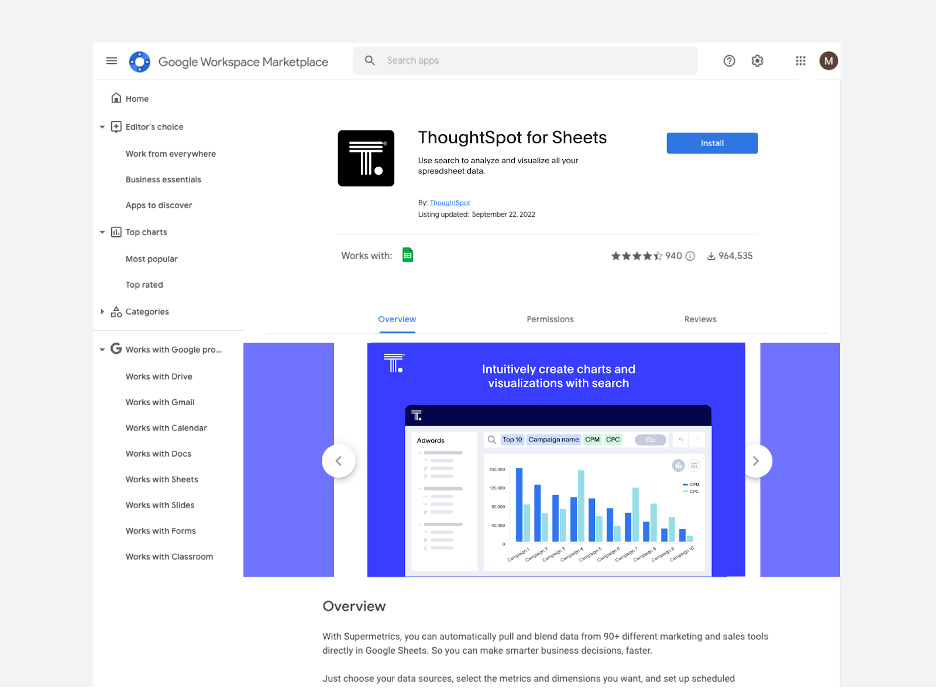 ThoughtSpot for Sheets in the Google Workspace Marketplace.