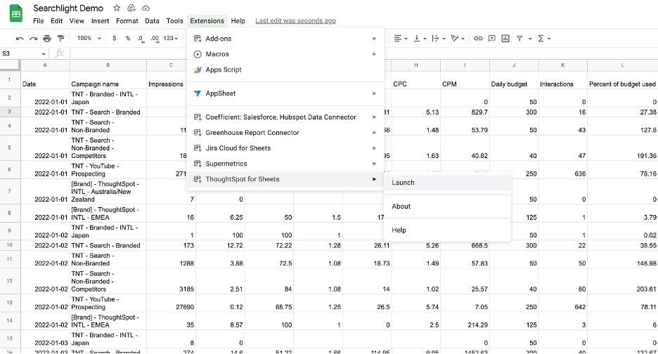 Where to find ThoughtSpot for Sheets in Google Sheets once you download the plugin.