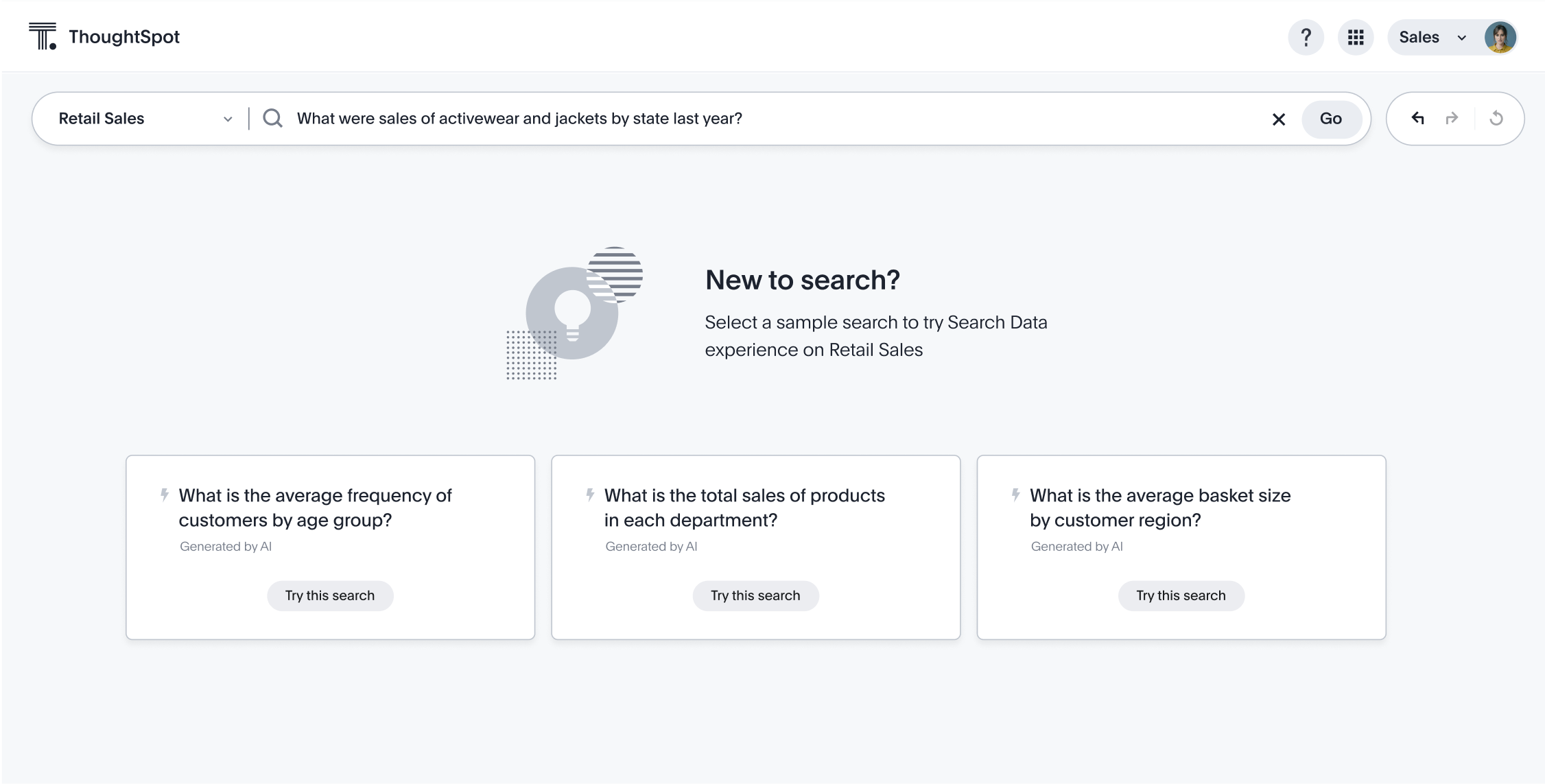 Product screenshot showing ThoughtSpot's AI-powered search recommendations