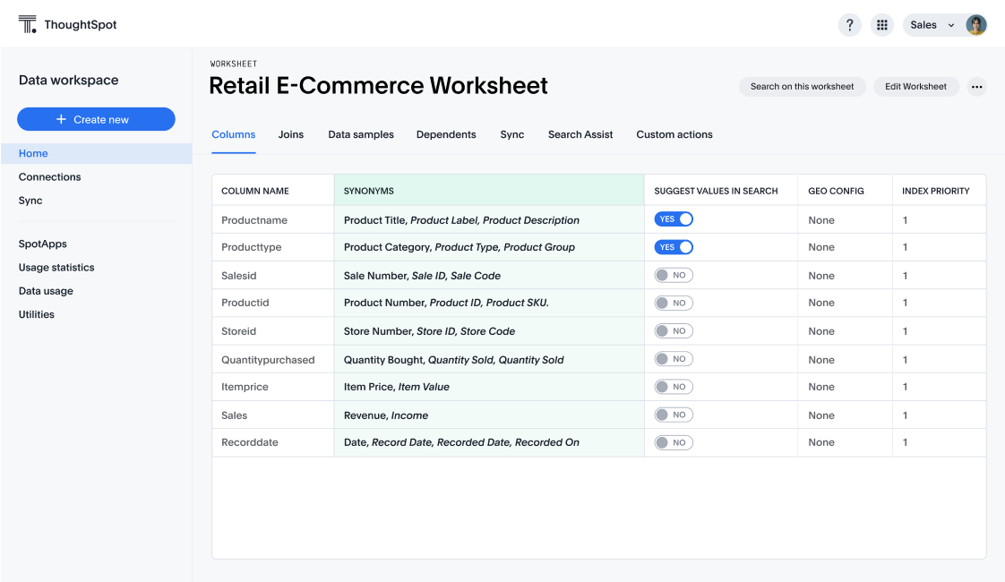 Product screenshot showing ThoughtSpot Sage's AI-assisted data modeling