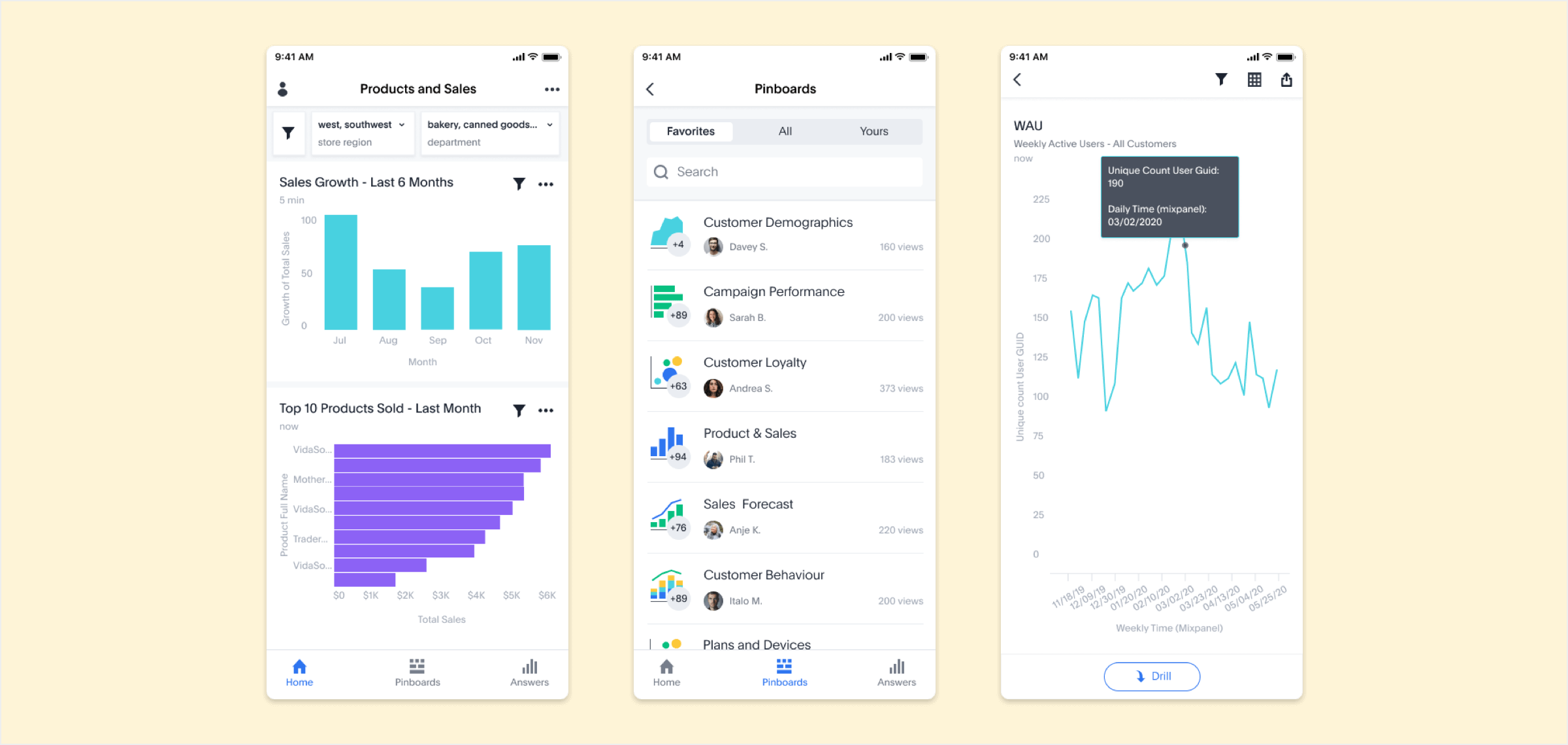 Three mobile screens maintaining visual consistency with colour palettes, typography, and other design elements.