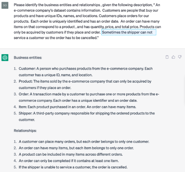 A screenshot of chat GPT that shows an example of entity recognition used for data modeling.