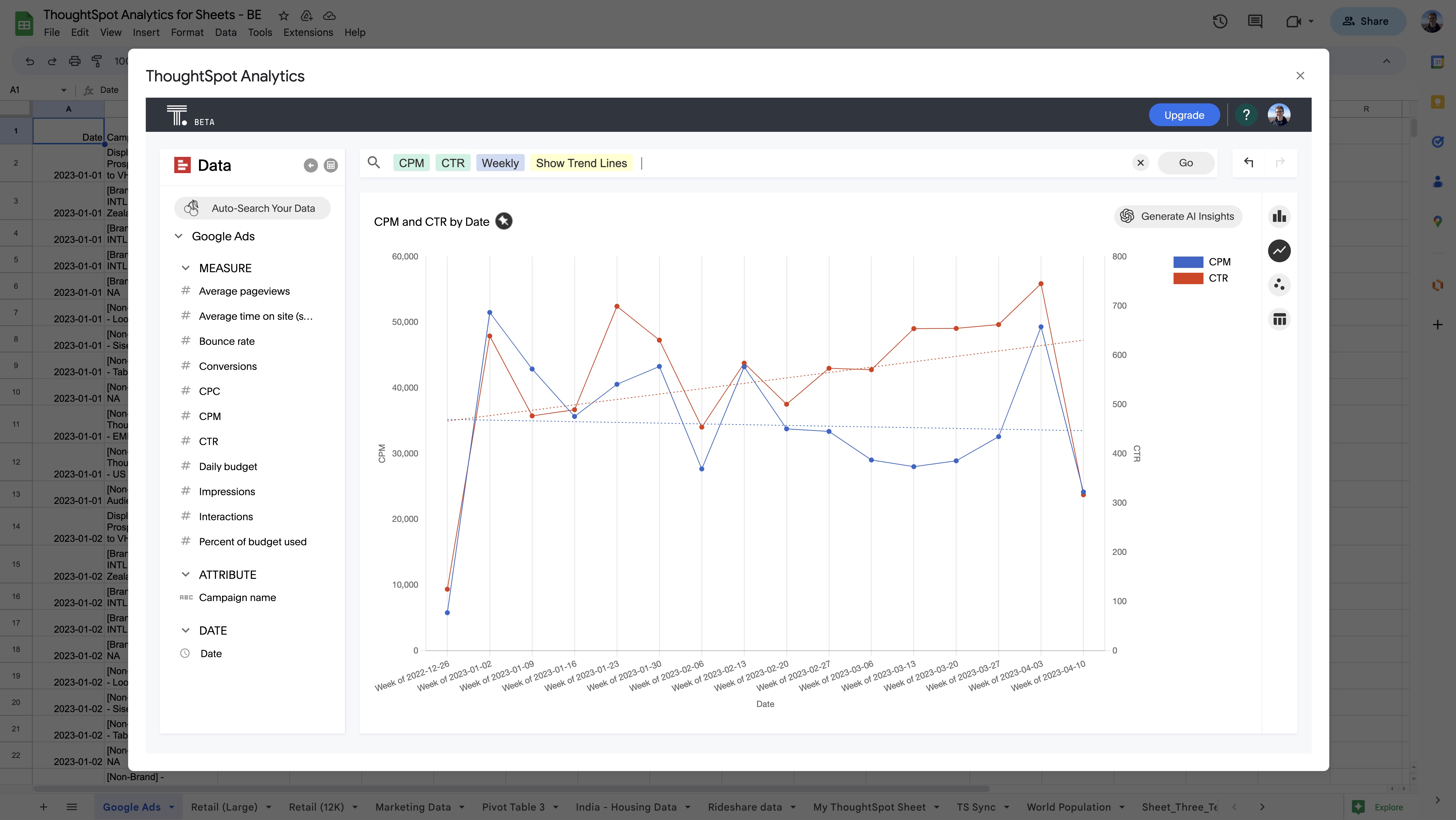 Product screenshot showing ThoughtSpot for Sheets trendlines