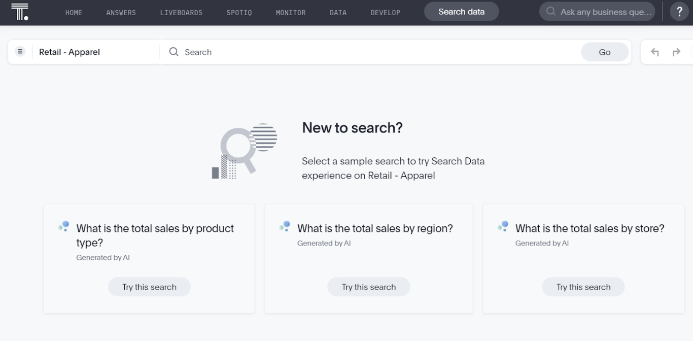 ThoughtSpot product screenshot showing how to use AI-suggested questions on your data and analytics powered by GPT