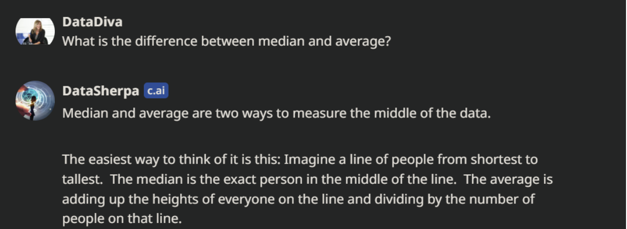 Screenshot of a conversation with chatbot, Data Sherpa, when prompted to explain the difference between median and average