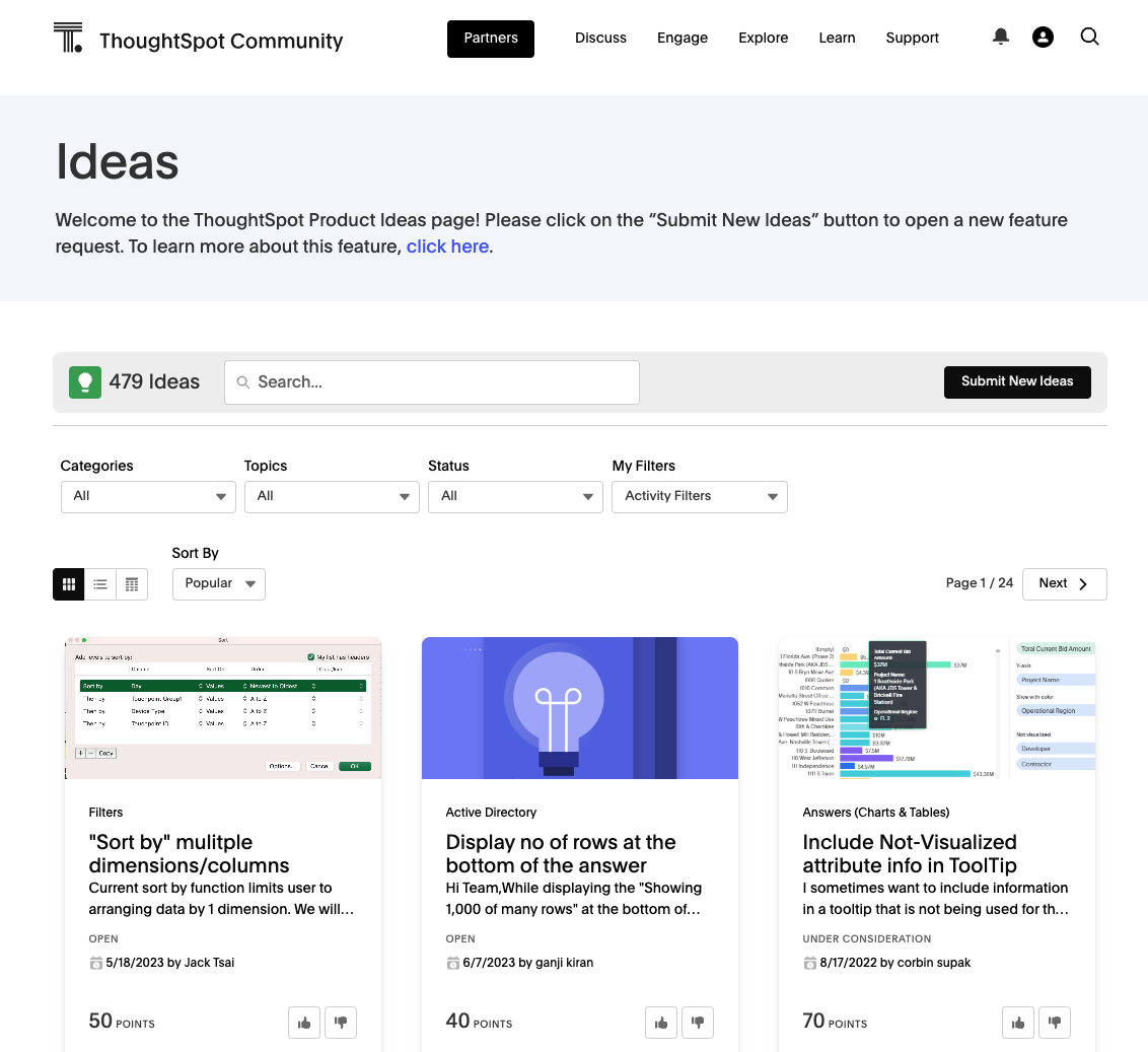 Screenshot of the Product Ideas section in the ThoughtSpot community