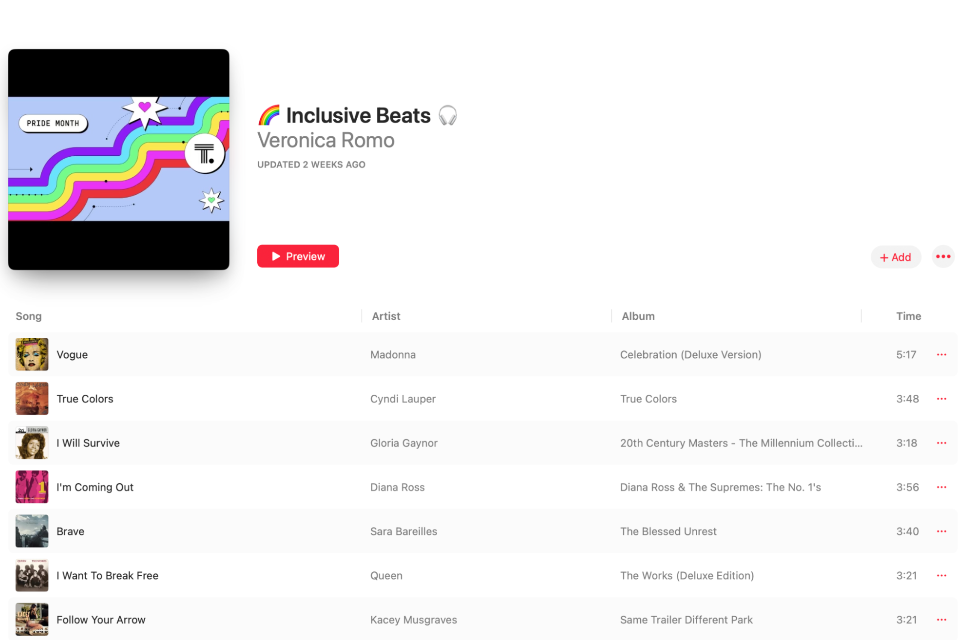 Screenshot of the Rainbow Room's pride playlist, Inclusive Beats.