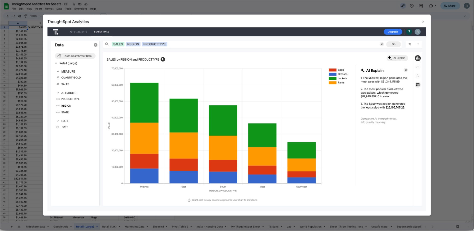 Visualization of ThoughtSpot analytics for sheets