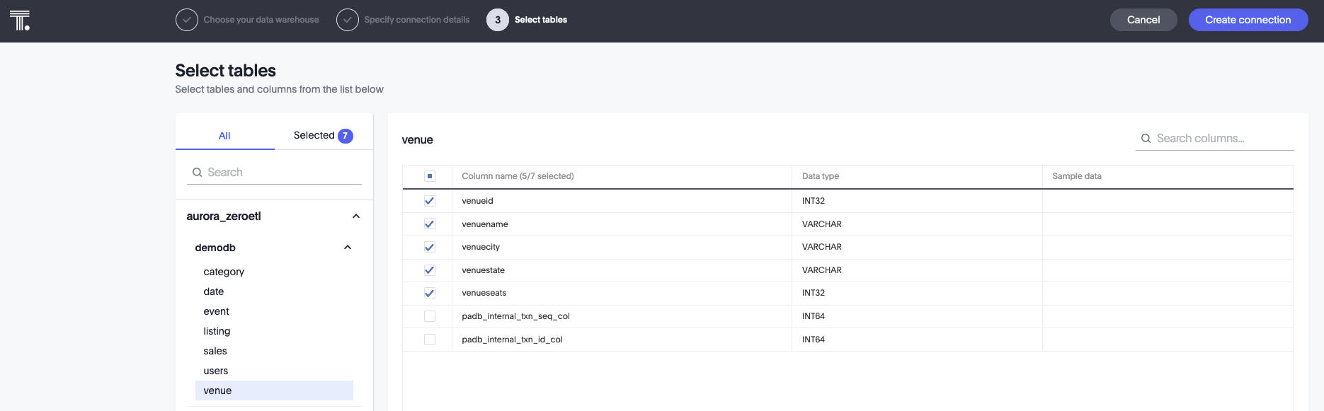 Select all tables and all columns except column name start with padb*