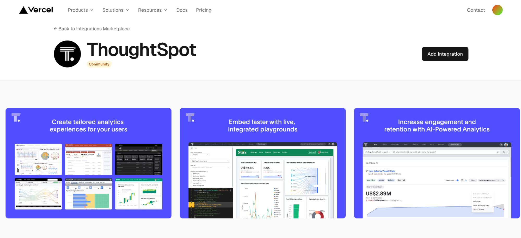 Screenshot from Vercel Marketplace listing of ThoughtSpot Embedded