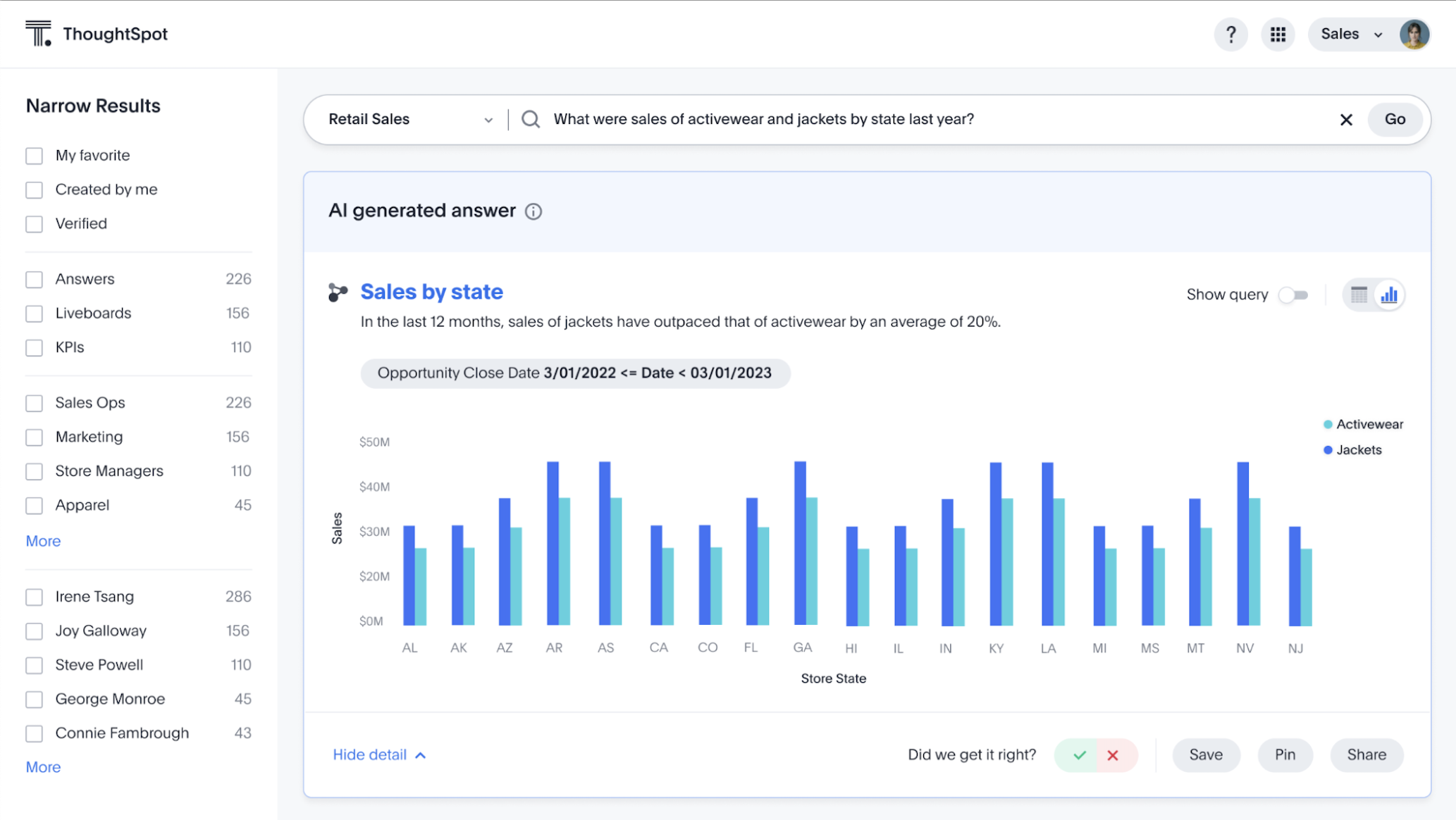 Product screenshot of ThoughtSpot natural language search leveraging Gemini