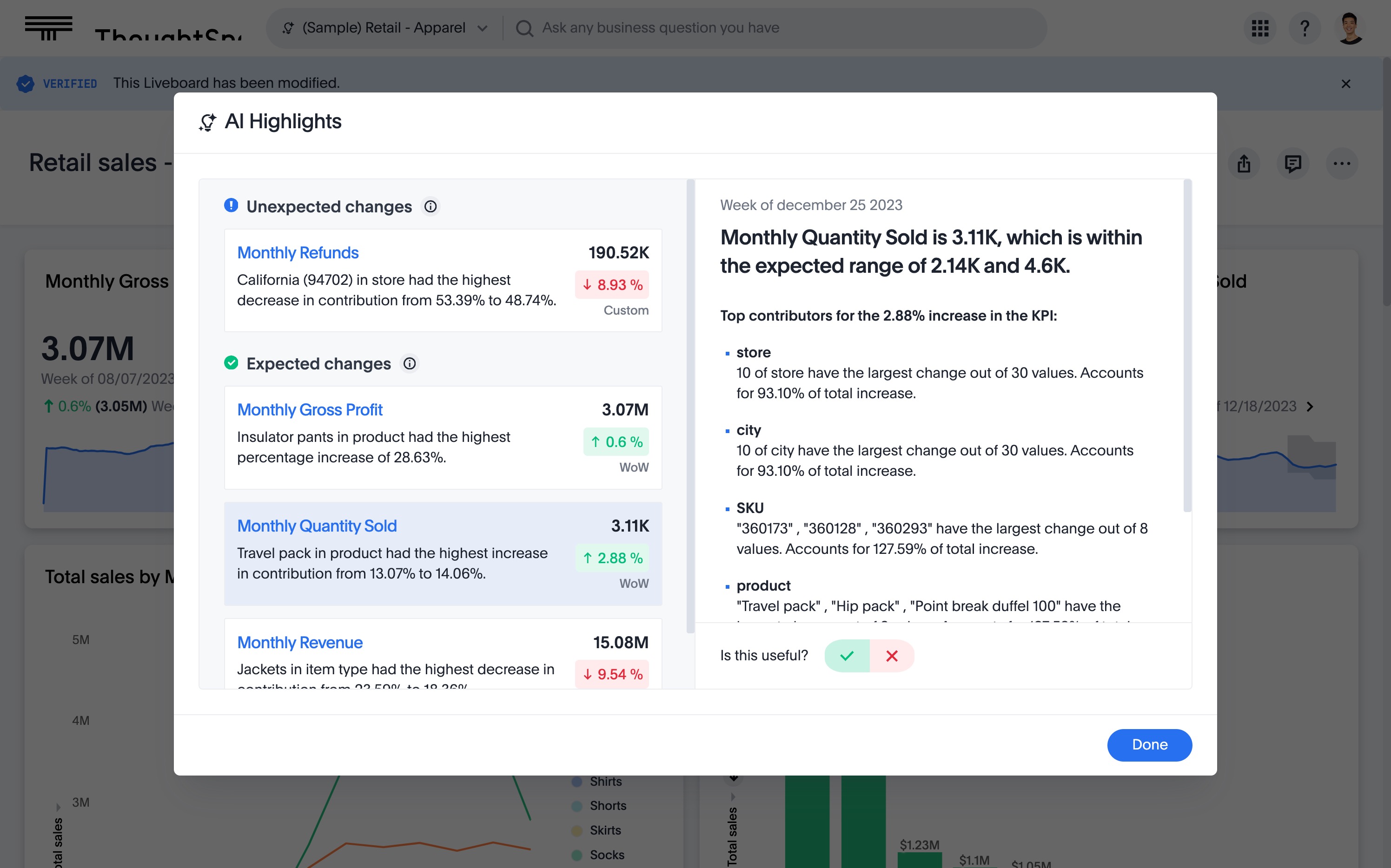 Product screenshot of ThoughtSpot AI Highlights leveraging Gemini