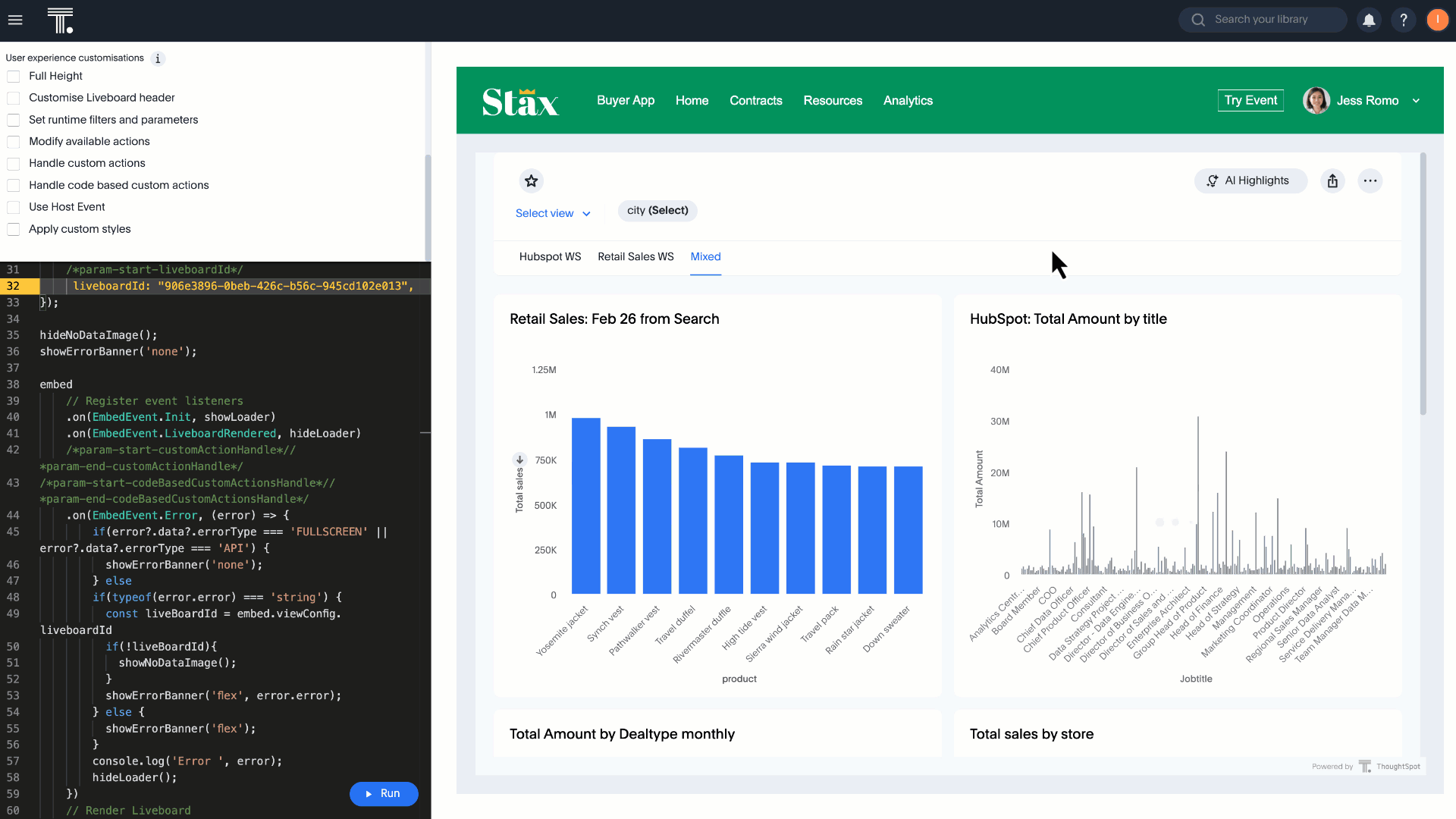ThoughtSpot Code-based Custom Actions embedded via Visual Embed SDK, showing users triggering workflows and pushing insights from Liveboards and dashboards.