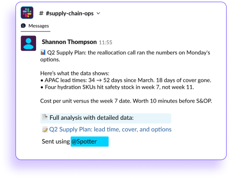 Slack supply chain ops message